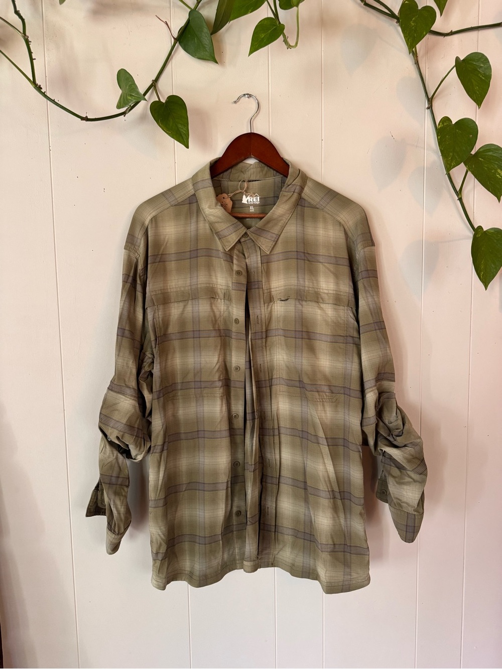 REI Men's Olive and Tan Plaid Button-Down Shirt